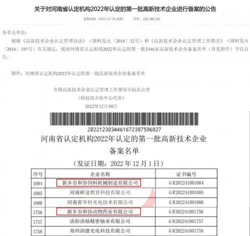 和協機械、和協藥業雙雙通過國家高新技術企業認定！